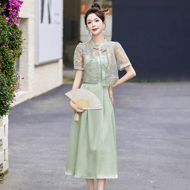夏季新款新中式刺绣上衣搭配纯色吊带裙两件套连衣裙