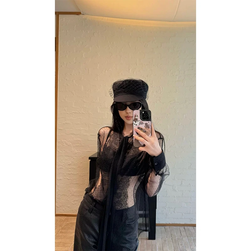 早秋新款纯欲风辣妹黑色性感蕾丝网纱罩衫上衣长款牛仔裤时尚套装