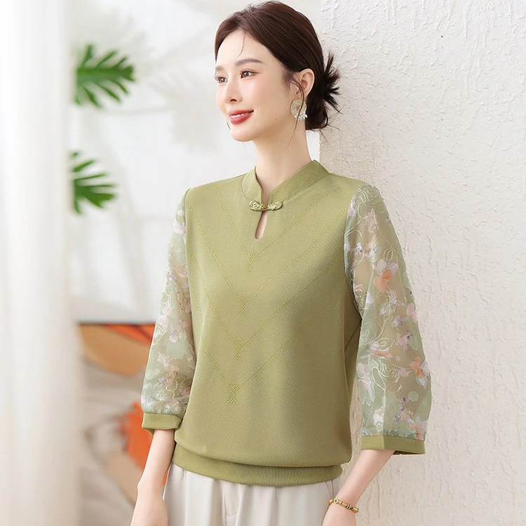 25春夏新款旗袍领新中式拼接袖七分显瘦百搭宽松妈妈奶奶装