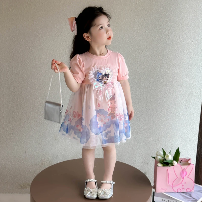 哪吒衣服女小童短袖连衣裙夏装2025新款洋气女孩宝宝网纱公主裙子