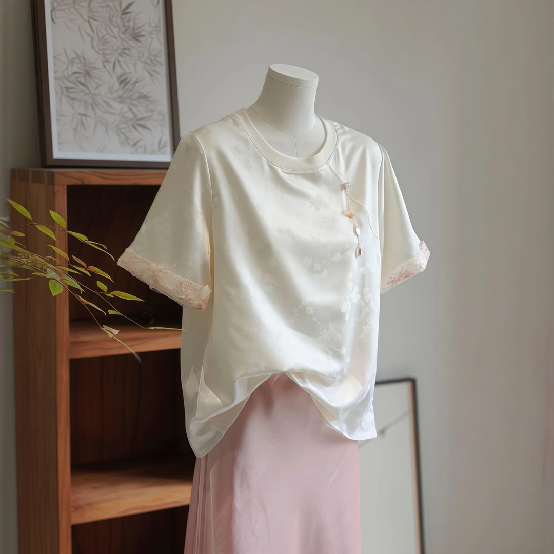 国风复古醋酸短袖2025夏季新款气质纯色盘扣薄款新中式T恤上衣女