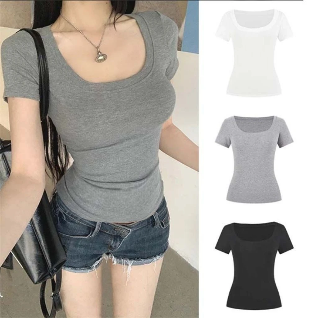 法式纯欲风U领低领短袖t恤女夏季ins新款修身显瘦打底外穿上衣潮