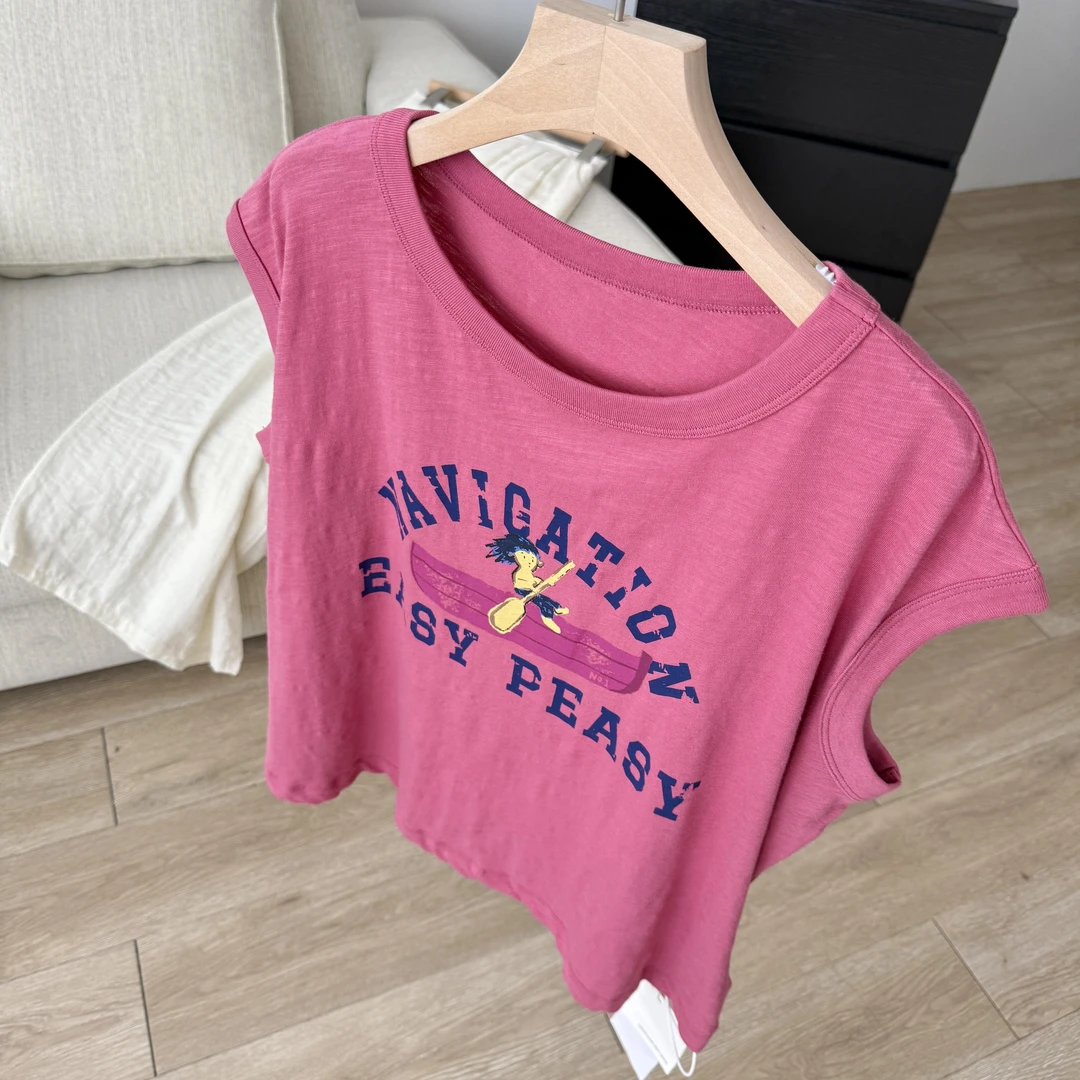 玫红色卡通字母印花飞飞袖t恤女2025夏季新款减龄宽松短款小上衣