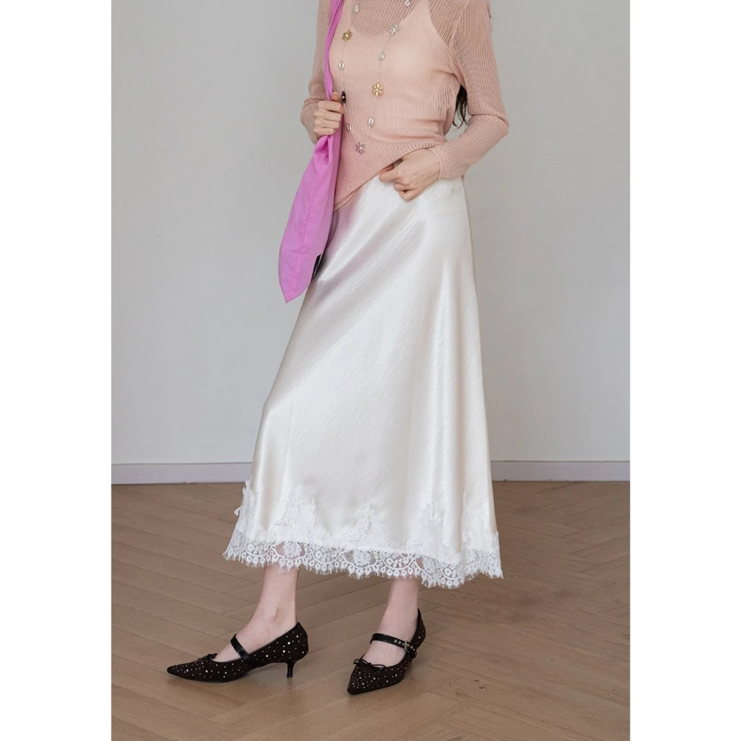 EGGKA【现现】蕾丝缎面高腰半身裙女夏季优雅气质中长裙E25B3622AF