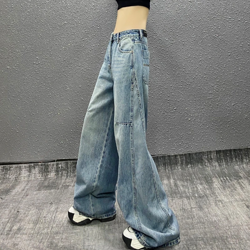 拼接设计垂感休闲牛仔裤女2025秋新款高腰宽松显瘦百搭直筒阔腿裤