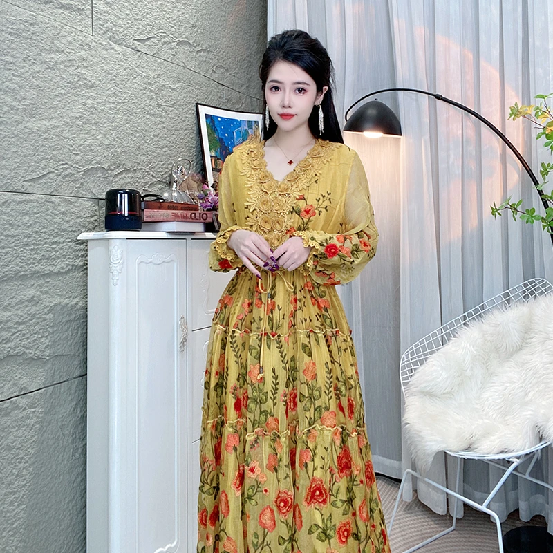 Bikamo/比卡陌早春新款长袖收腰碎花真丝连衣裙A字裙L9193-1黄色