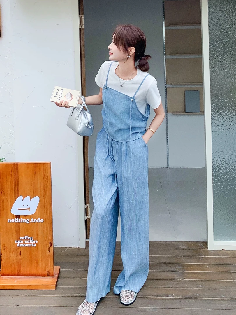 【钰姐精选】安比100-静奢风休闲吊带三件套通勤慵懒时尚套装阔腿