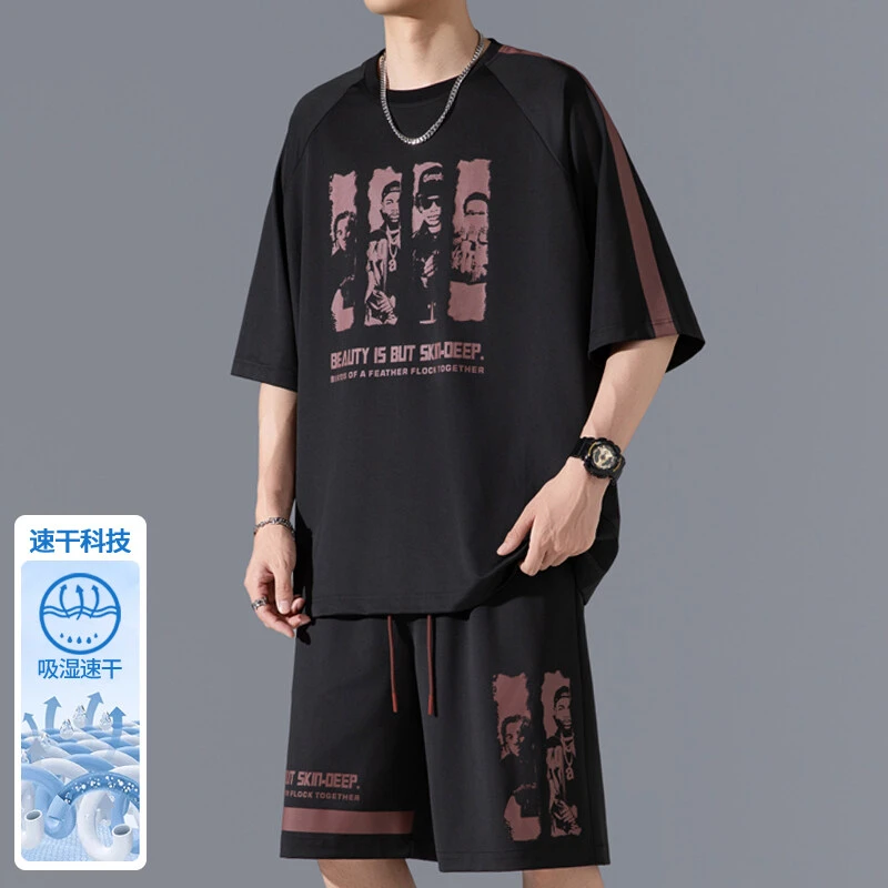 隐匿者速干冰丝套装男夏季新款百搭大码男士套装港风潮流休闲套装