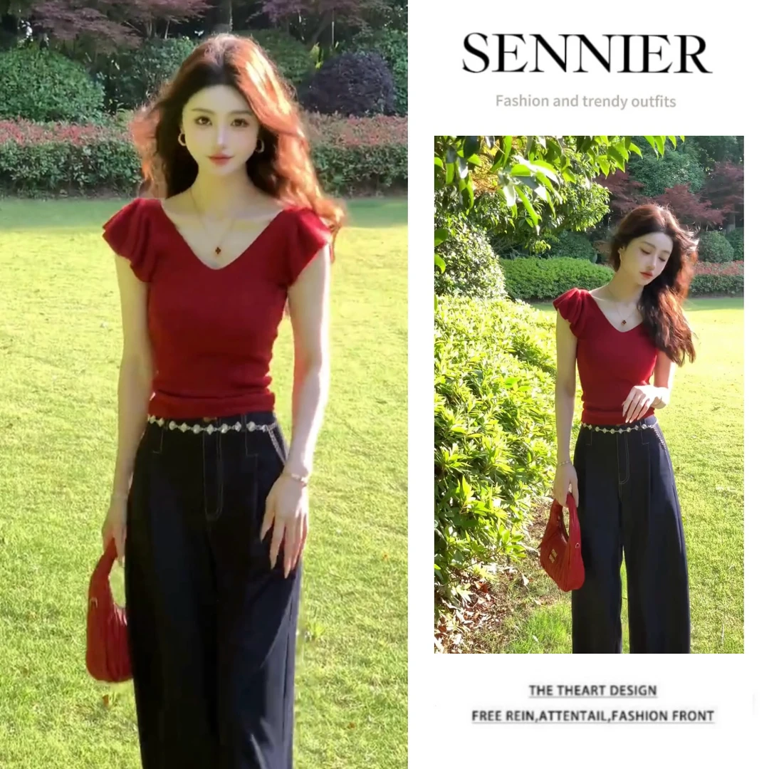 时尚穿搭2025夏季新款红色V领小飞袖短款正肩T恤百搭阔腿裤两件套