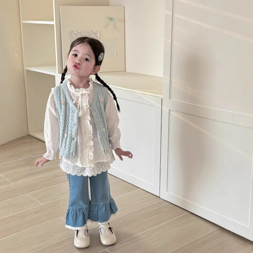 2025女童衬衫温柔甜美减龄两件套绑带衬衫外搭针织马甲套装