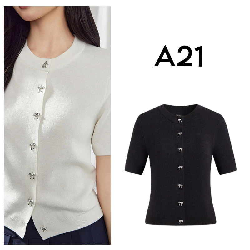 A21女装简约纯色开衫圆领针织开衫上衣F451244004