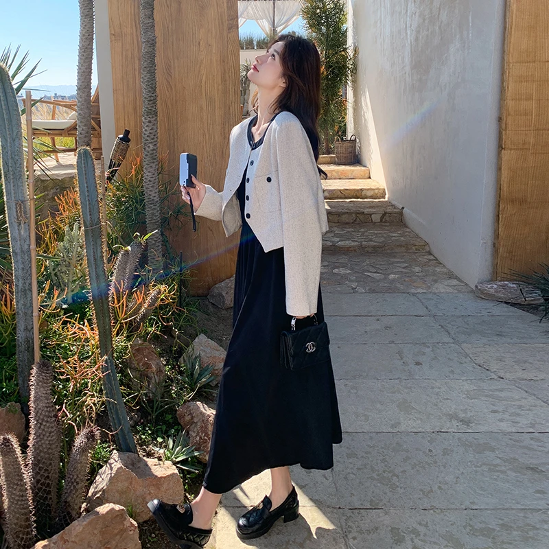 黑色背心裙套装2025超火春季新款小香风富家千金感穿搭气质连衣裙