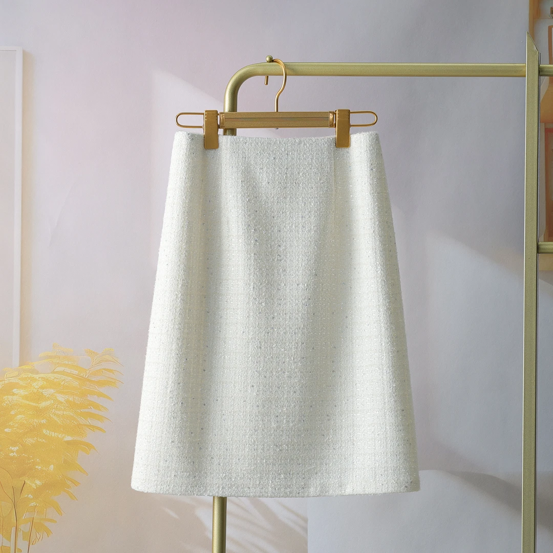 白色亮片小香风半身裙过膝女秋季2025新款法式轻奢粗花呢a字裙子