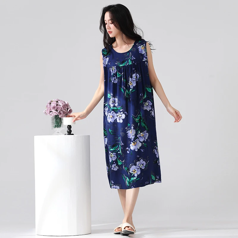 夏季无袖薄款休闲透气宽松甜美复古家居服时尚舒适绵绸中长连衣裙