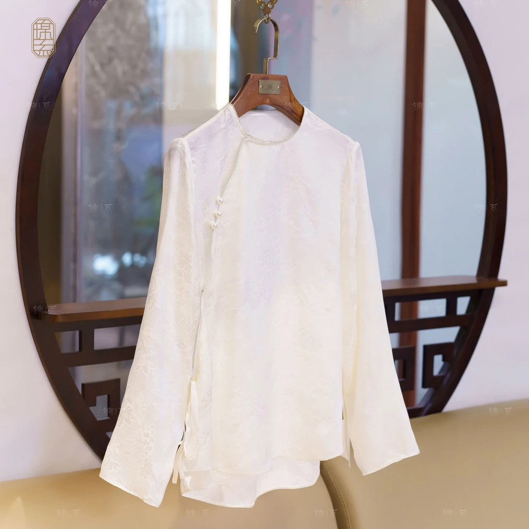 【锦系-新款】真丝花罗新中式国风桑蚕丝圆领斜襟长袖上衣C-382371