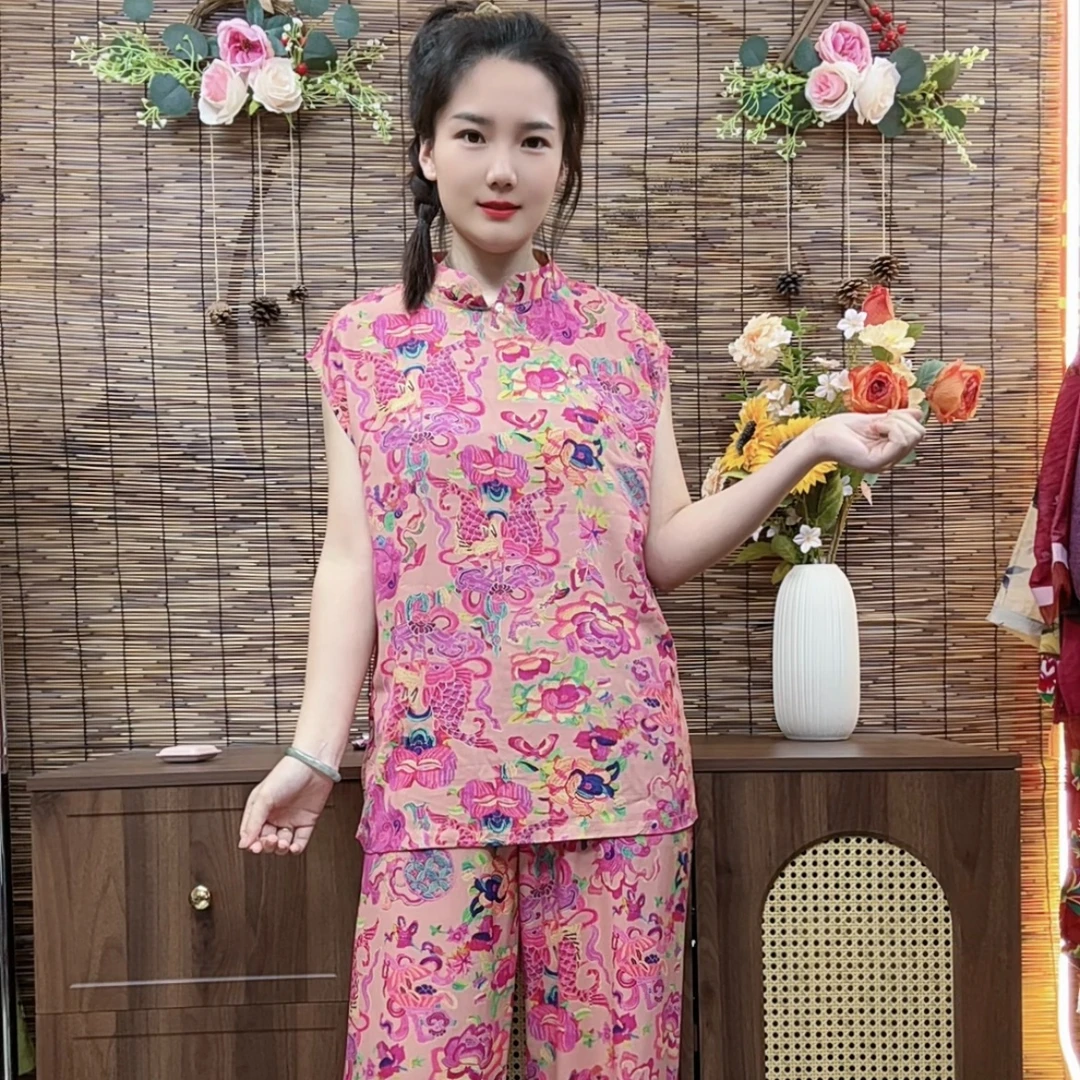 新中式棉绸两件套国风套装盘扣吸湿排汗夏季新款薄款妈妈装
