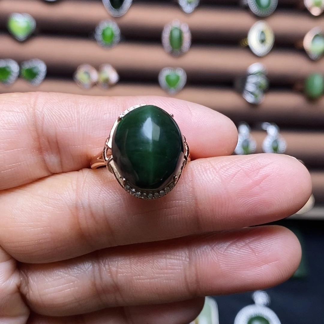 吊坠(不含链)银S925镶嵌和田玉（碧玉）戒指