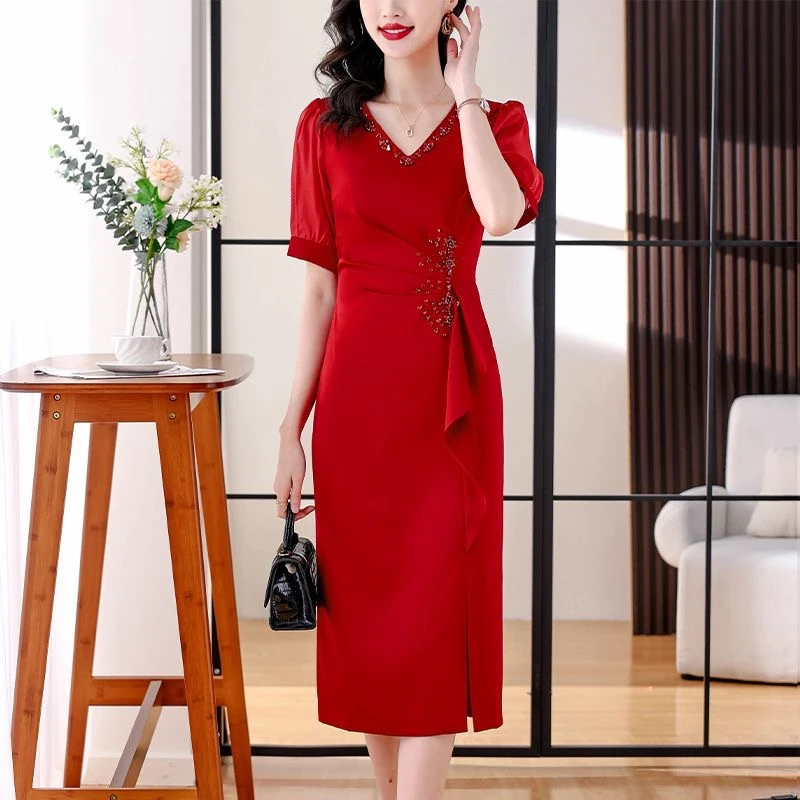 红色礼服连衣裙女短袖2023年春秋新款名媛气质收腰V领中长款结婚