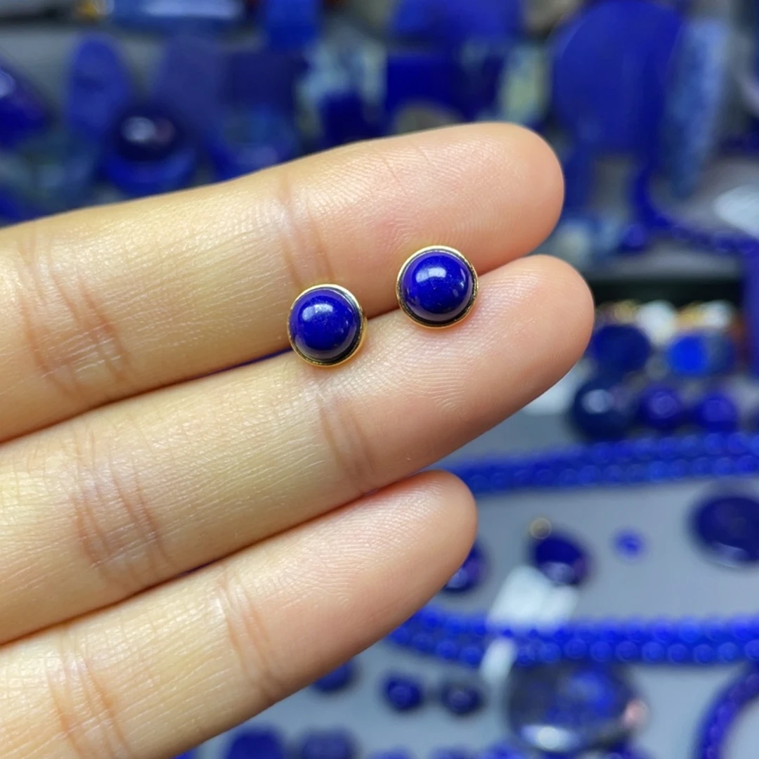 青金石银S925镀金镶嵌7mm耳饰