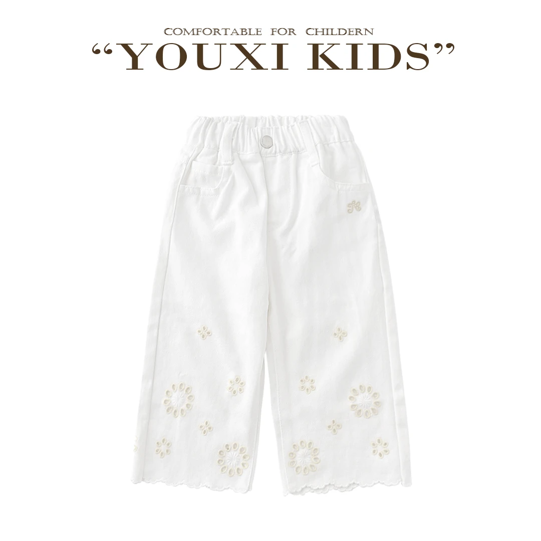 现飞飞家· 白山茶新款夏季女童重工镂空纯色洋气直筒牛仔裤FF2742