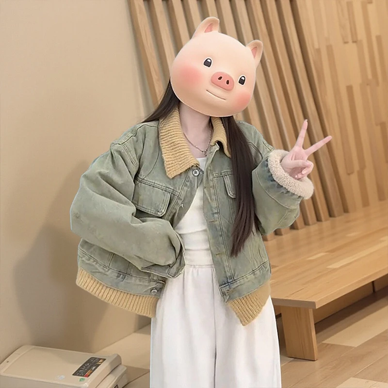 针织拼接加绒牛仔棉衣外套女款2025小个子冬天撞色短款夹克上衣潮