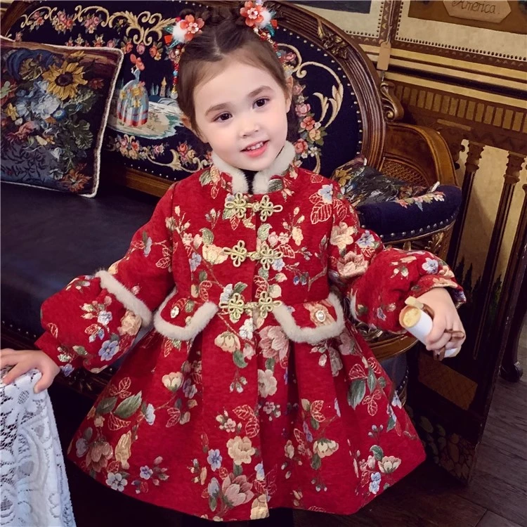 【现货】米米哈罗女童冬款中国风红色连衣裙旗袍裙 D240180