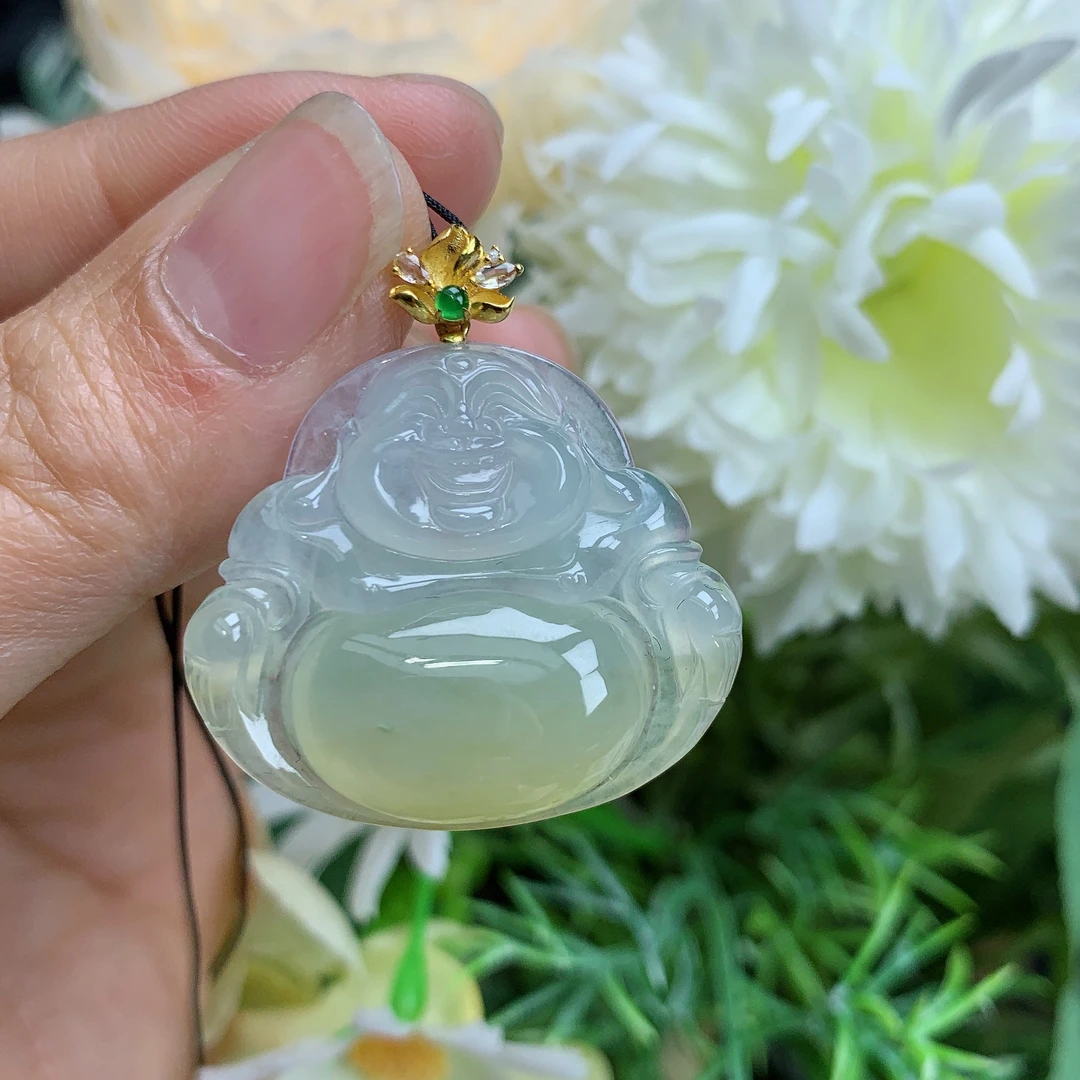 缅甸天么翡翠a货18k冰种起胶黄翡佛公吊坠凯尺寸27.2/30.7/5.6mm