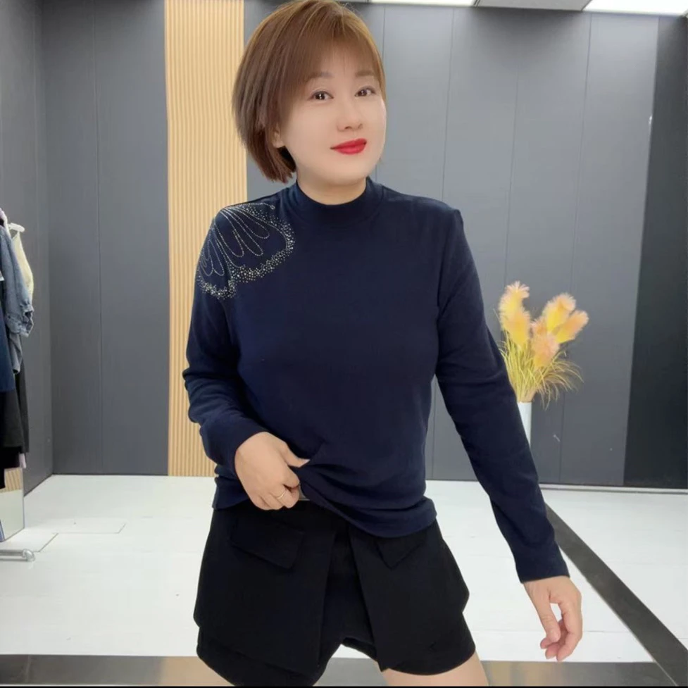 秋季新款时尚烫钻半高领针织中老年妈妈春秋打底衫气质上衣-3204