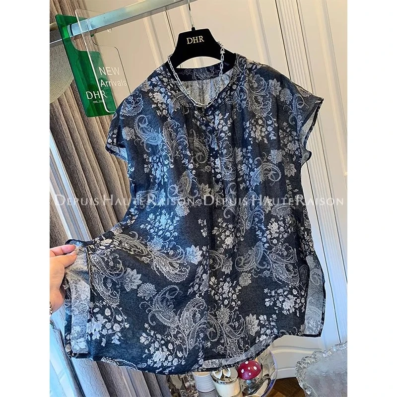 胖妹妹240斤大码新中式国风夏季薄款无袖衬衫女宽松百搭碎花上衣