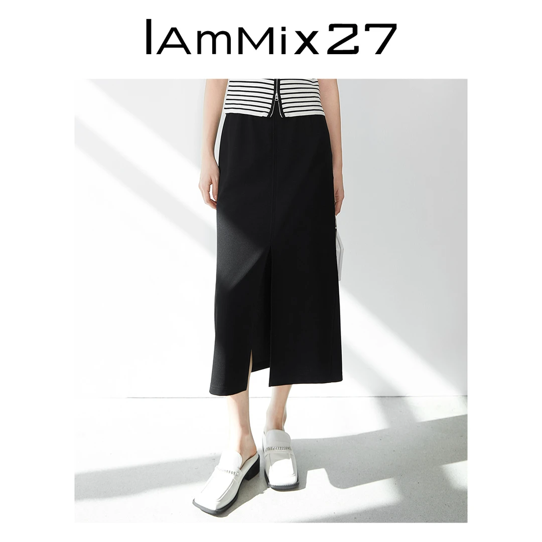 Iammix27简约百搭黑色半身裙女中长款前开衩半身裙女M4B6019