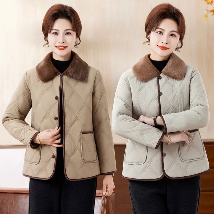 中年妈妈秋冬加绒加厚洋气翻领短款保暖棉服外套