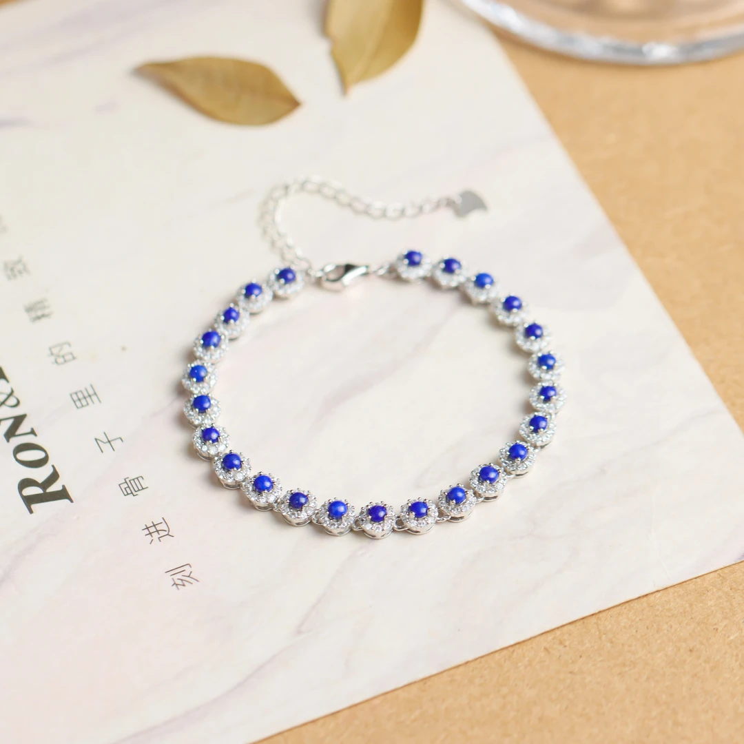 S925银素银镶嵌青金石圆面豪镶气质送礼时尚轻奢女款手链手饰