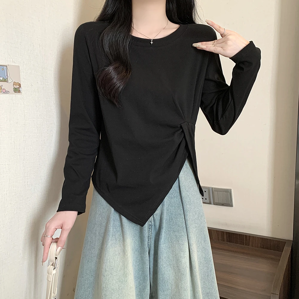 大码女装2025初秋新款设计感扭结显瘦长袖T恤上衣