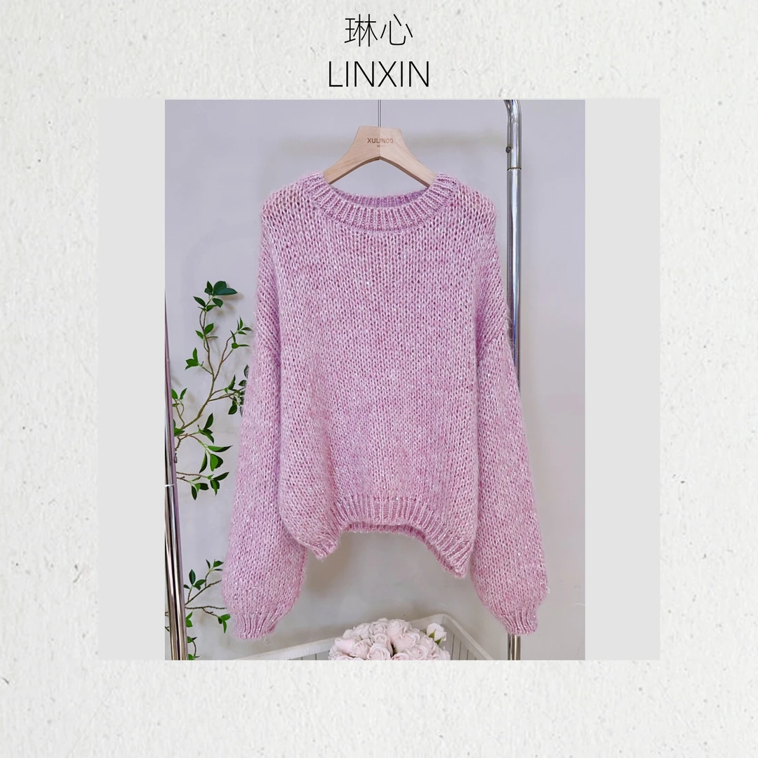 琳心丨春季新款简约休闲粉紫色圆领套头针织衫 QJR1818