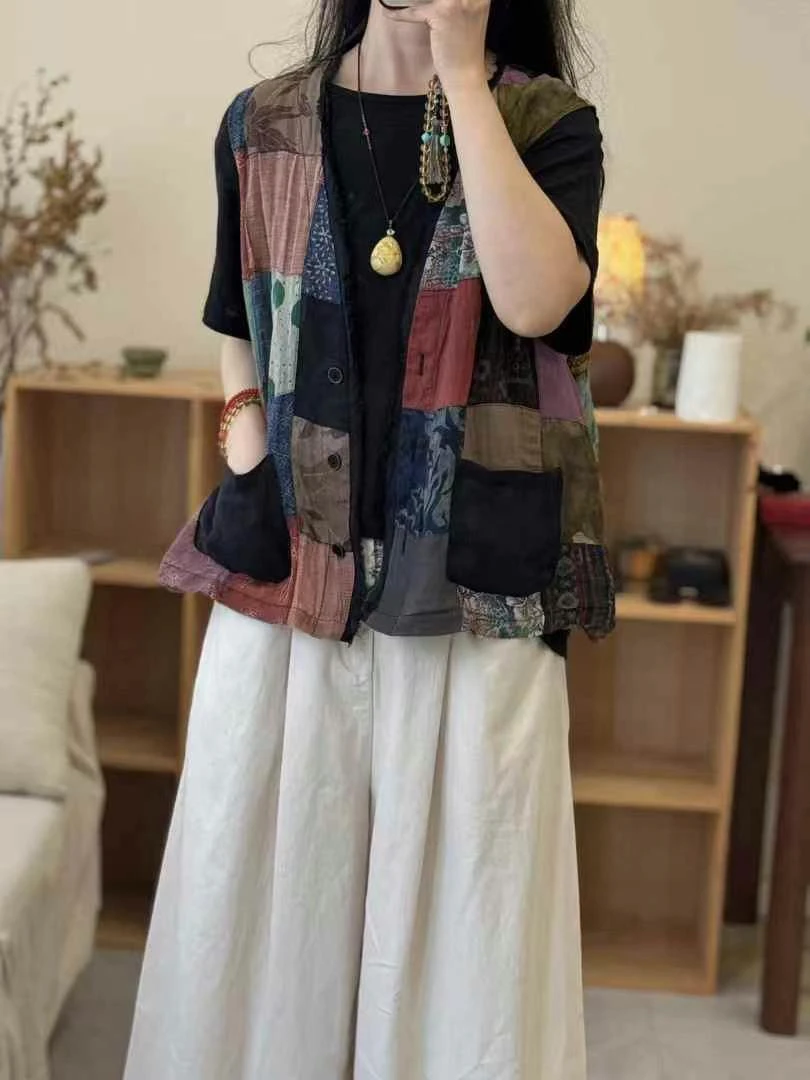 小镇姑娘夏季新款全苎麻拼布马甲