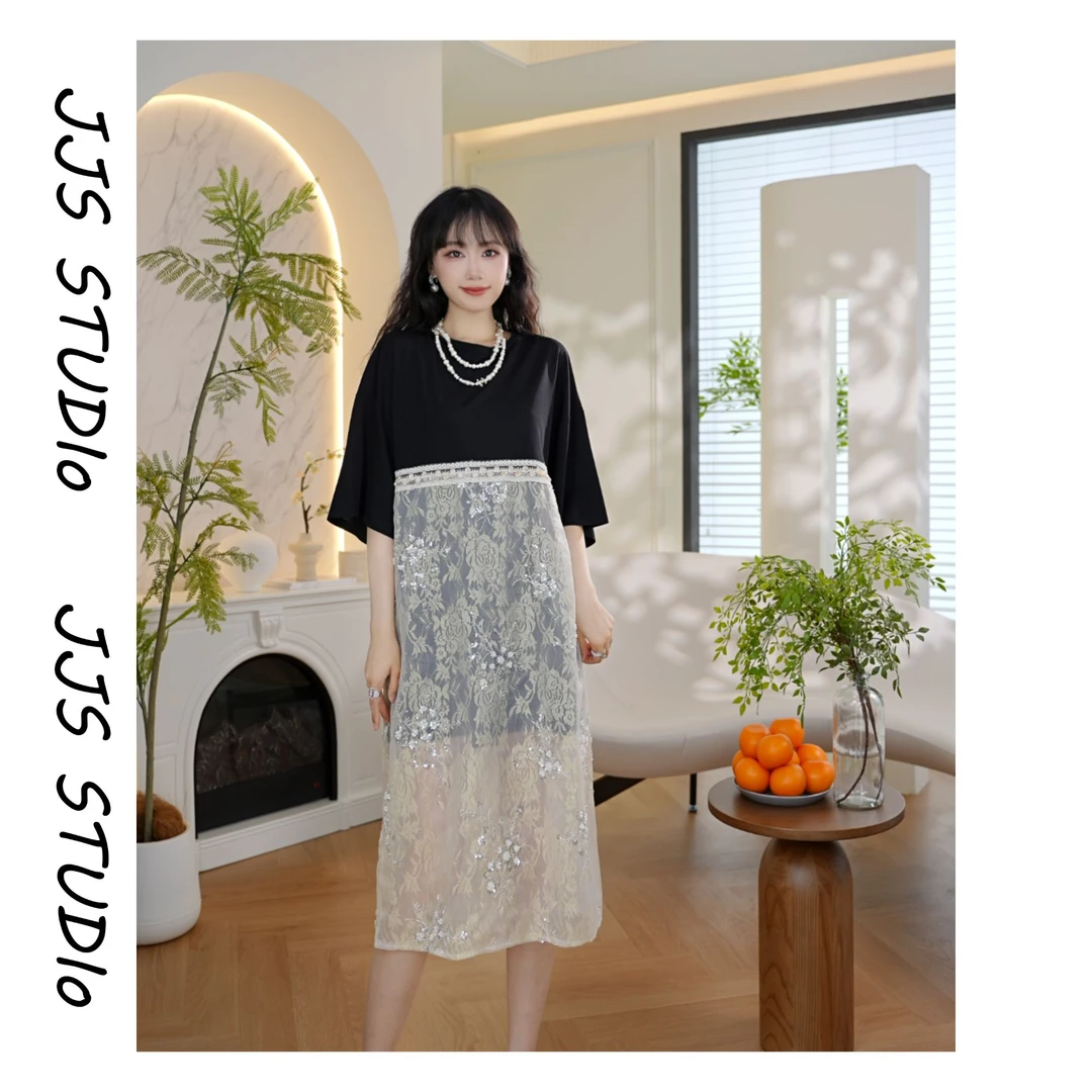 5061250『夏夜蔷薇』2025新款纱网拼接气质时尚宽松连衣裙