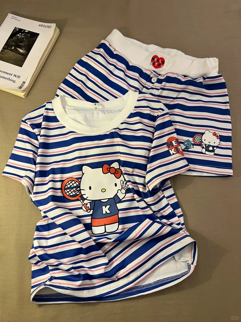 【甜美Kitty猫】可爱短袖睡衣女夏季2025新款条纹短裤套装家居服