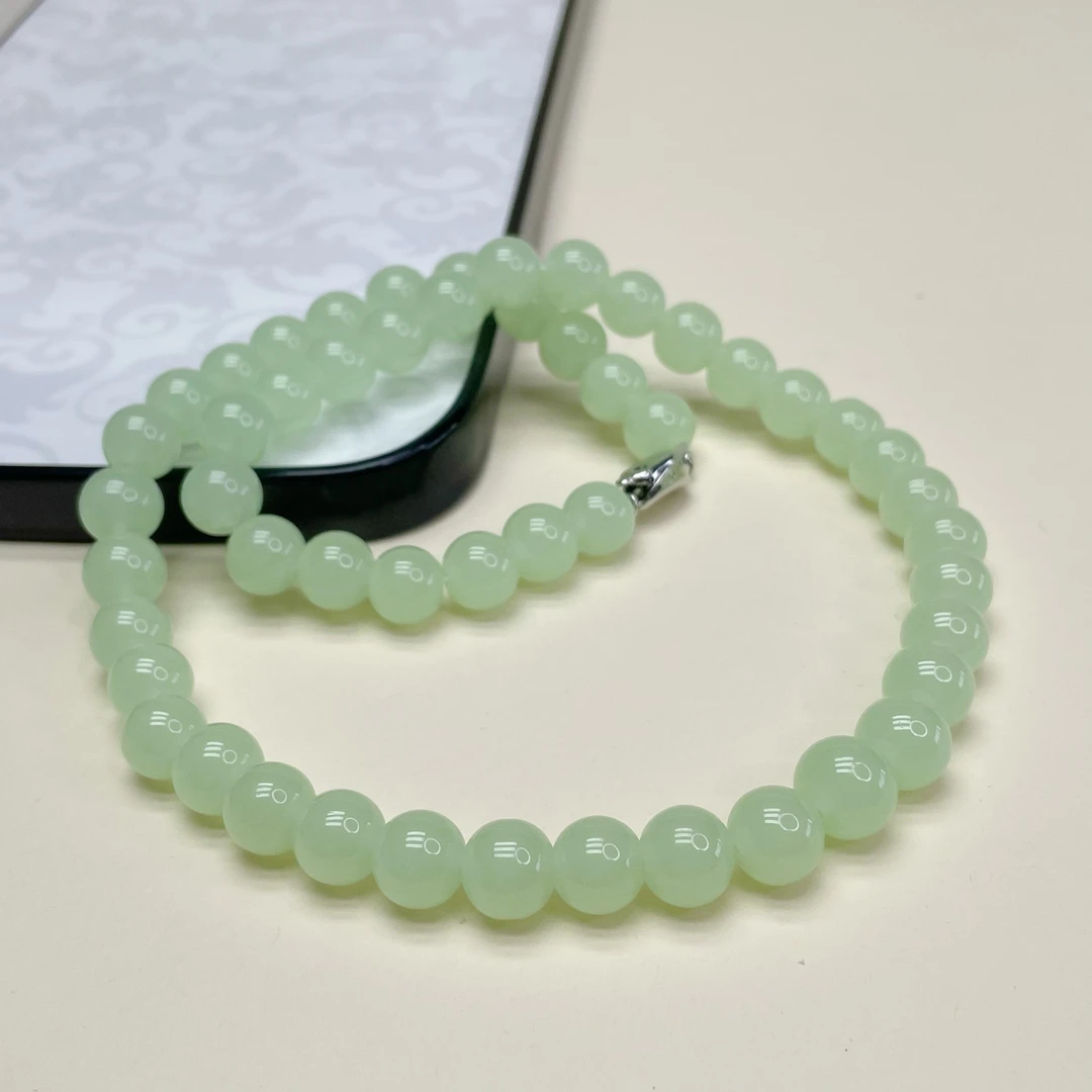 青海和田玉天然翠青玉苹果绿女款10mm妈妈项链K018