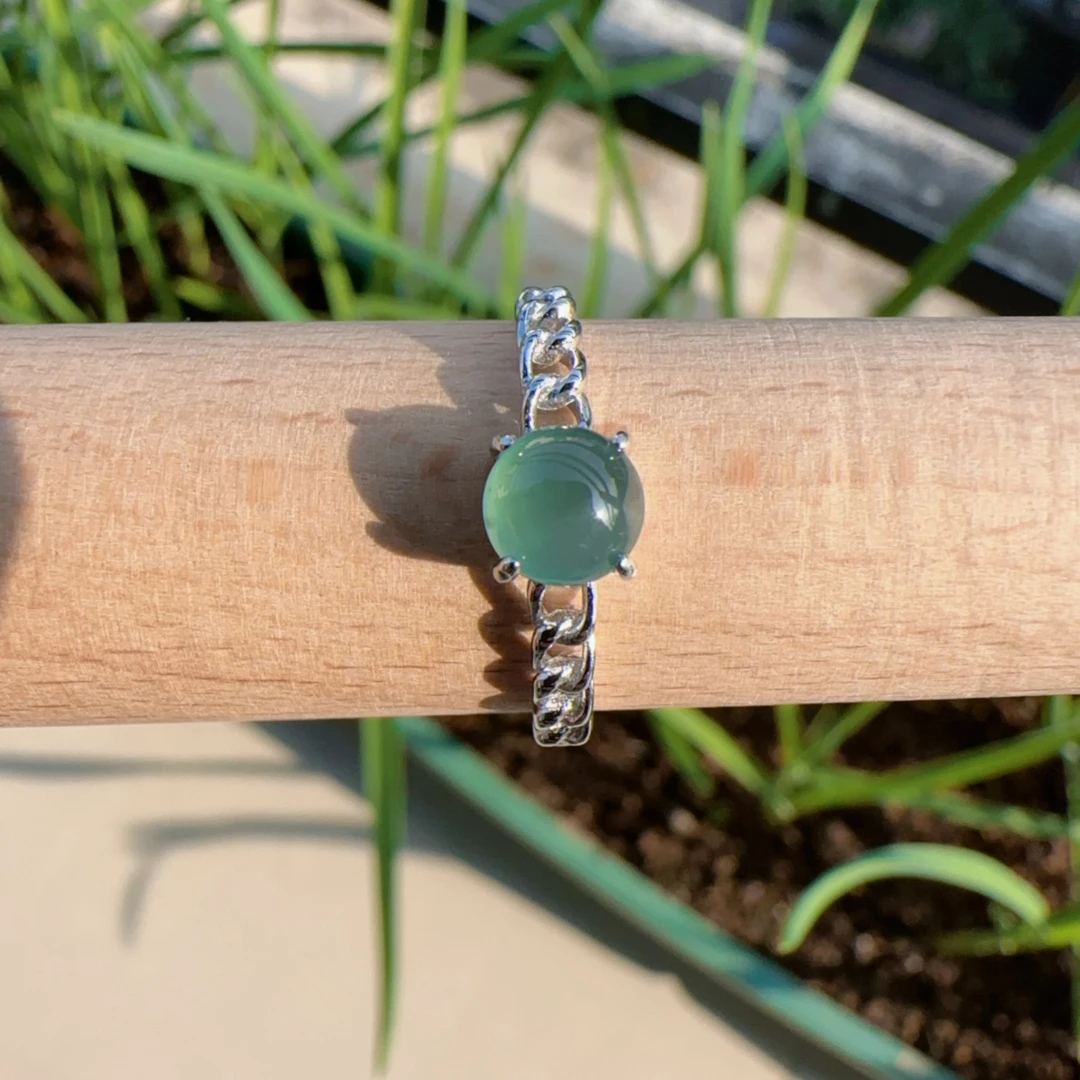 天然A货翡翠裸石6mm戒指925银镶嵌圆戒时尚女士银戒气质轻奢简约