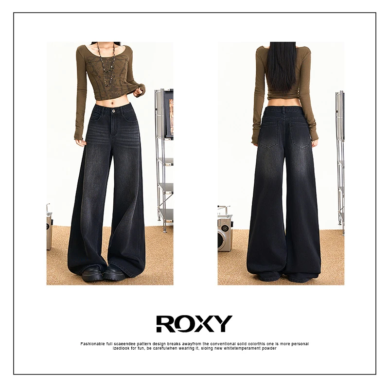 Roxy美式做旧复古纹理牛仔长裤猫纹水洗新款秋冬舒适宽松拖地女