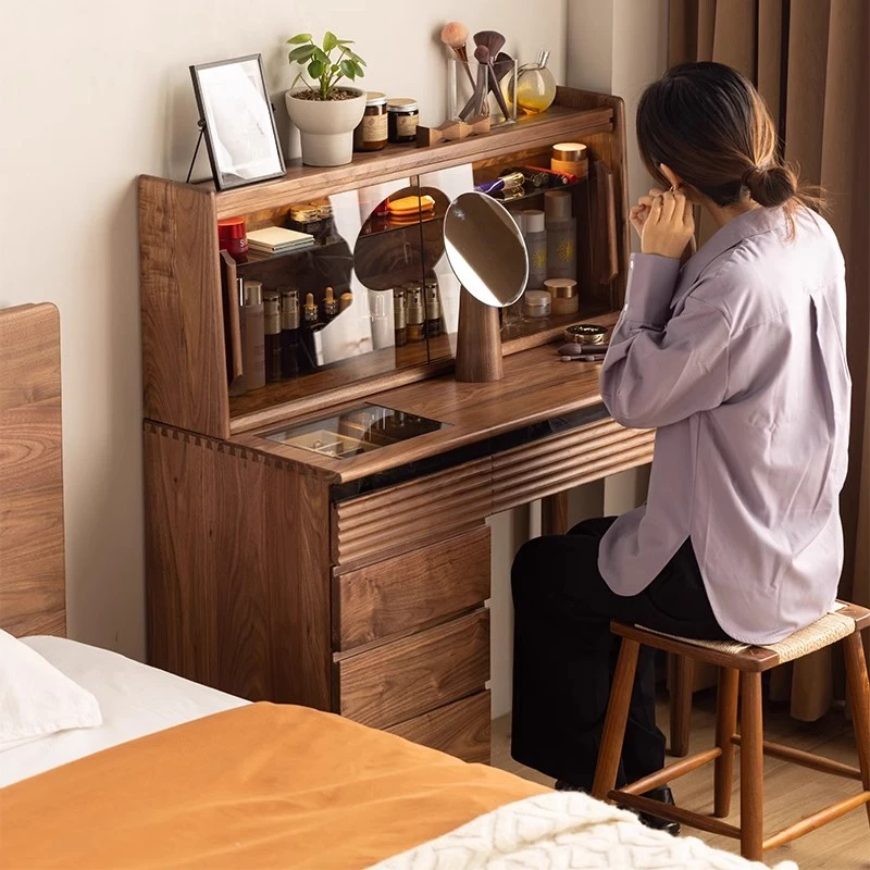 北美黑胡桃木梳妆台卧室现代简约化妆柜日式带灯实木化妆桌玻璃门
