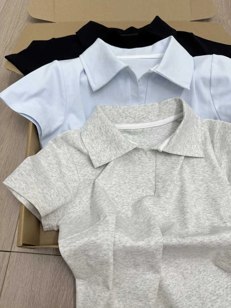 baby蓝polo领短袖t恤女夏季2025新款设计感小众别致翻领正肩上衣