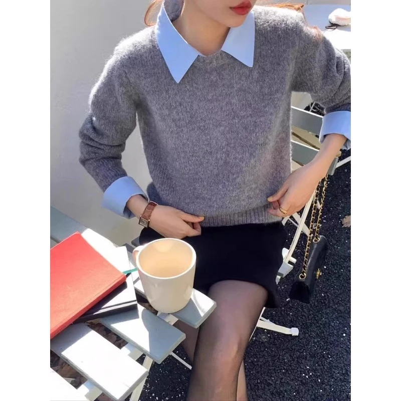 韩版假两件polo领内搭软糯毛衣针织秋冬宽松慵懒风百搭洋气打底衫