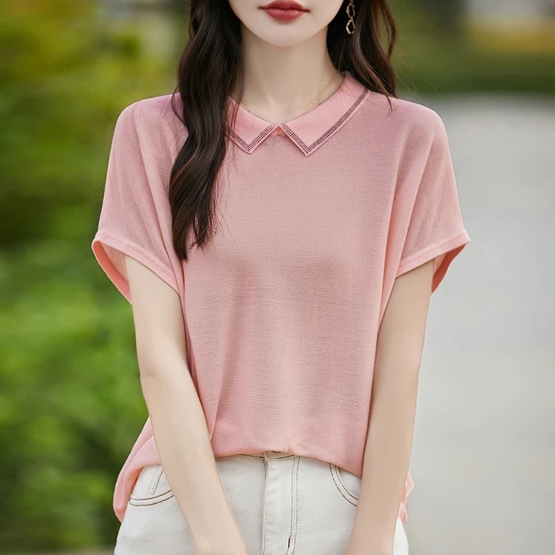 哥弟阿玛施正品【棉+桑蚕丝】冰丝针织烫钻短袖T恤女夏季薄款POLO领