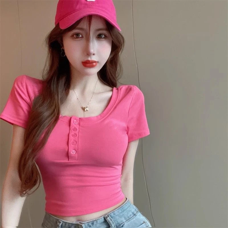 弹力紧身纯欲风短袖t恤女夏季修身短款高腰露脐洋气减龄辣妹上衣