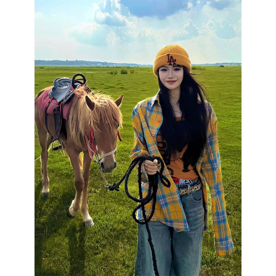 黄格子衬衫女秋季秋款外套宽松慵懒风上衣川西大草原旅游穿搭百搭