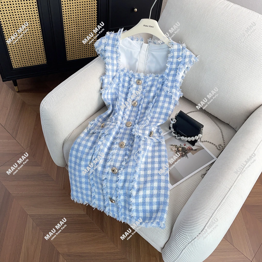 现货 小个子毛边包臀短裙子蓝白格纹小香风连衣裙DY4282