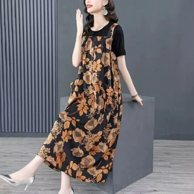 8678-夏季套装时尚洋气背带连衣裙温柔风长裙法式女士短袖【老余】