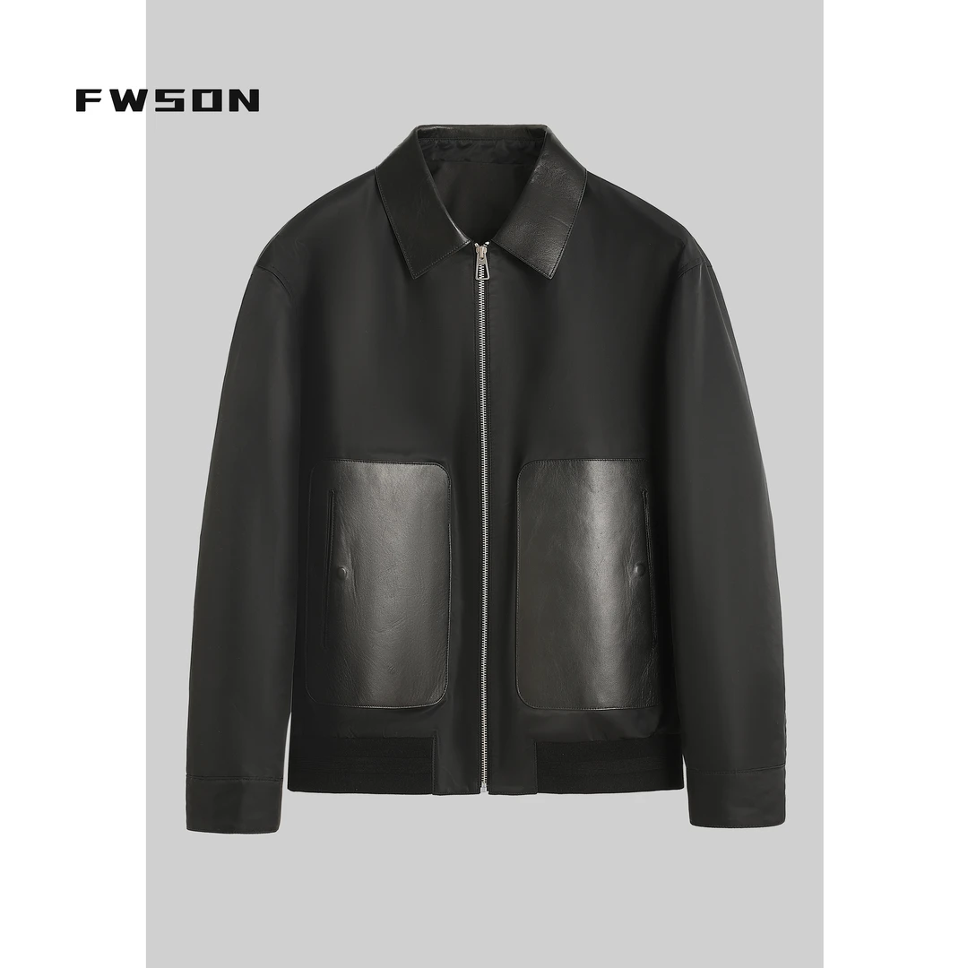 春秋新款轻奢潮流山羊皮帅气男士油边翻领款简约休闲男夹克外套