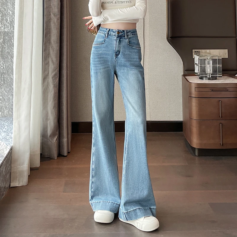 浅蓝色喇叭牛仔裤女高腰春秋季2025新款修身微喇裤显瘦垂感马蹄裤